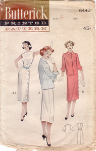 1950's Butterick Side Button Dress with Slim Skirt  and Jacket Pattern - Bust 30" - No. 6442