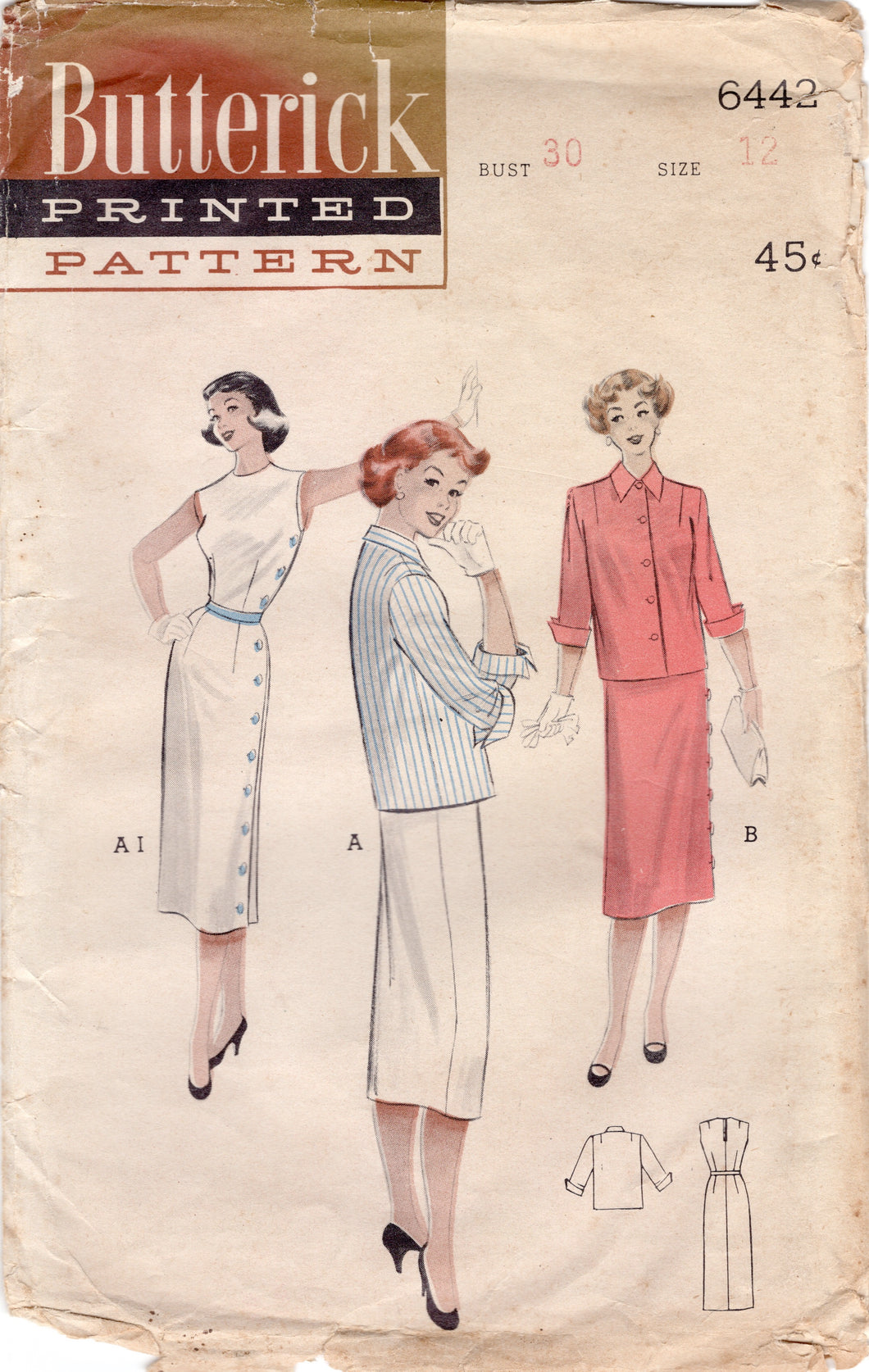 1950's Butterick Side Button Dress with Slim Skirt  and Jacket Pattern - Bust 30