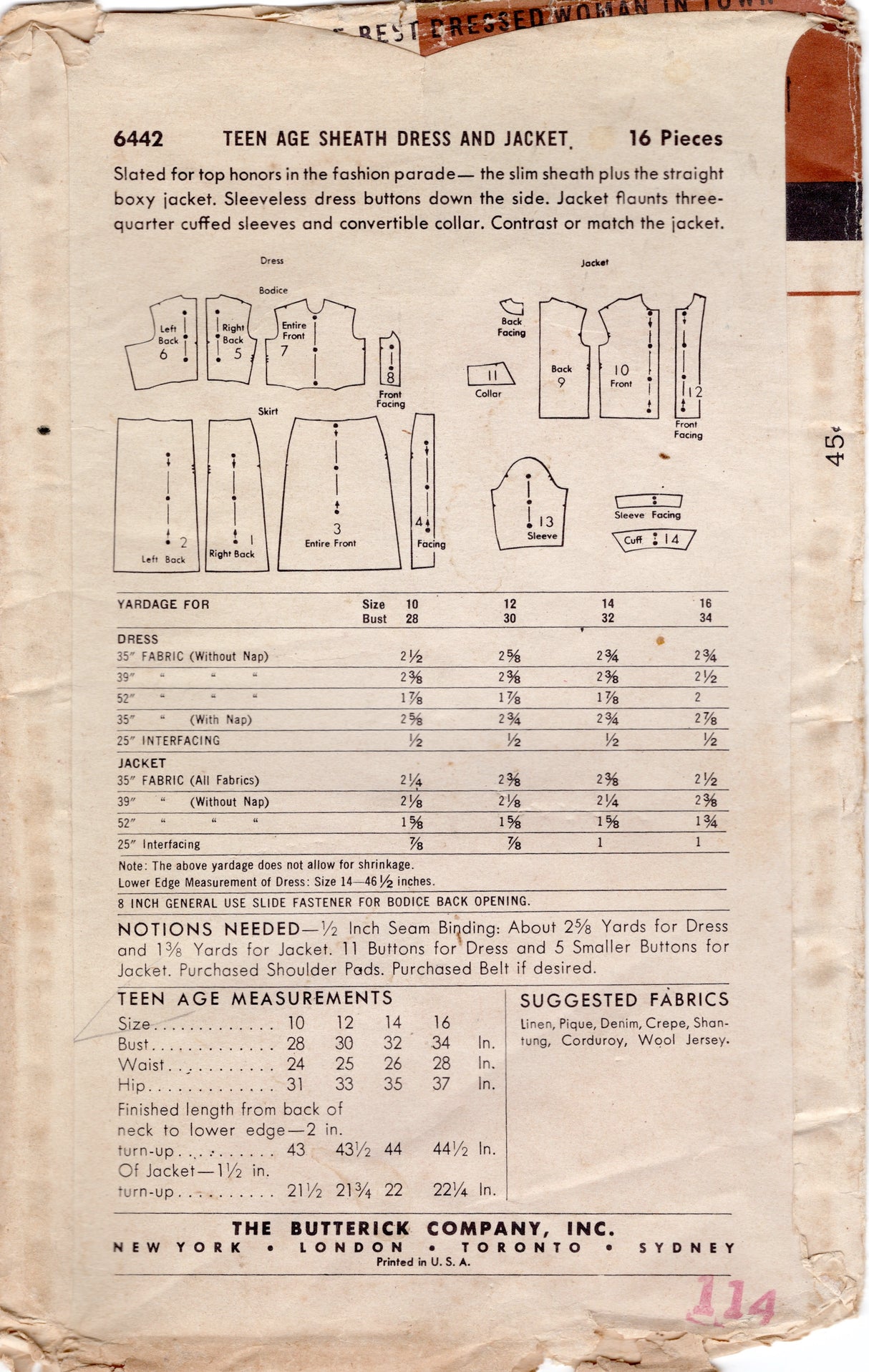 1950's Butterick Side Button Dress with Slim Skirt  and Jacket Pattern - Bust 30" - No. 6442