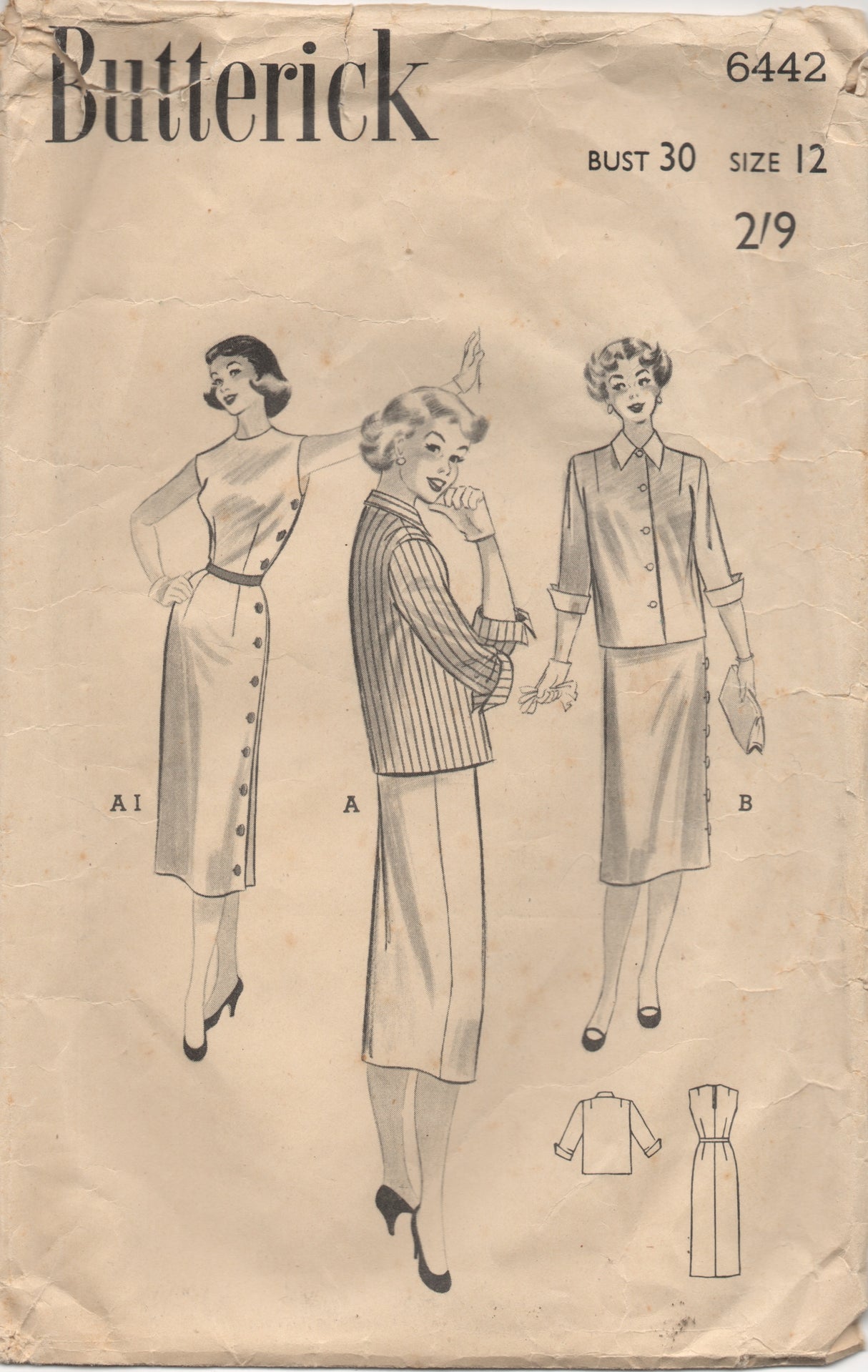 1950's Butterick Side Button Dress with Slim Skirt  and Jacket Pattern - UK EDITION - Bust 30" - No. 6442