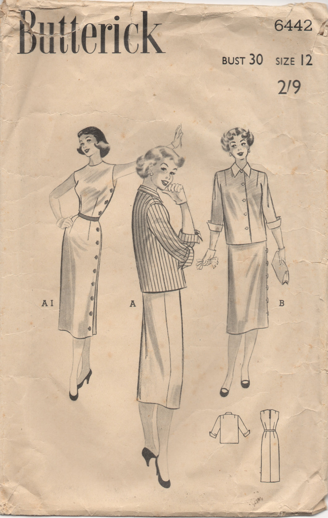 1950's Butterick Side Button Dress with Slim Skirt  and Jacket Pattern - UK EDITION - Bust 30