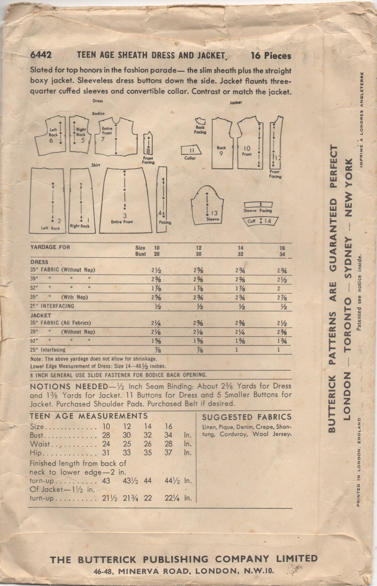 1950's Butterick Side Button Dress with Slim Skirt  and Jacket Pattern - UK EDITION - Bust 30" - No. 6442