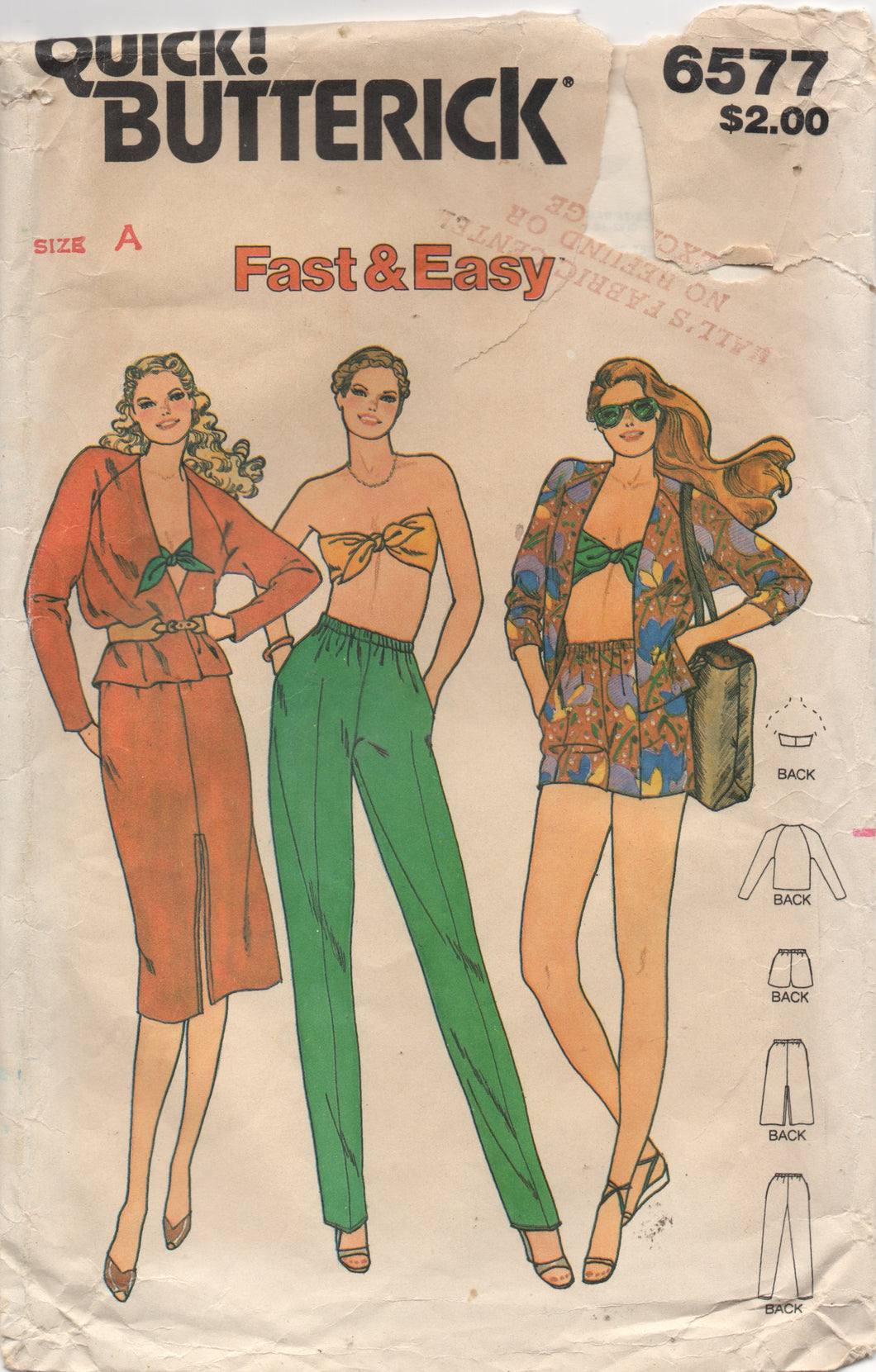 1980's Butterick Bandeau Tie Top, Jacket, Shorts and Straight Skirt pattern - Bust 30.5-31.5-32.5