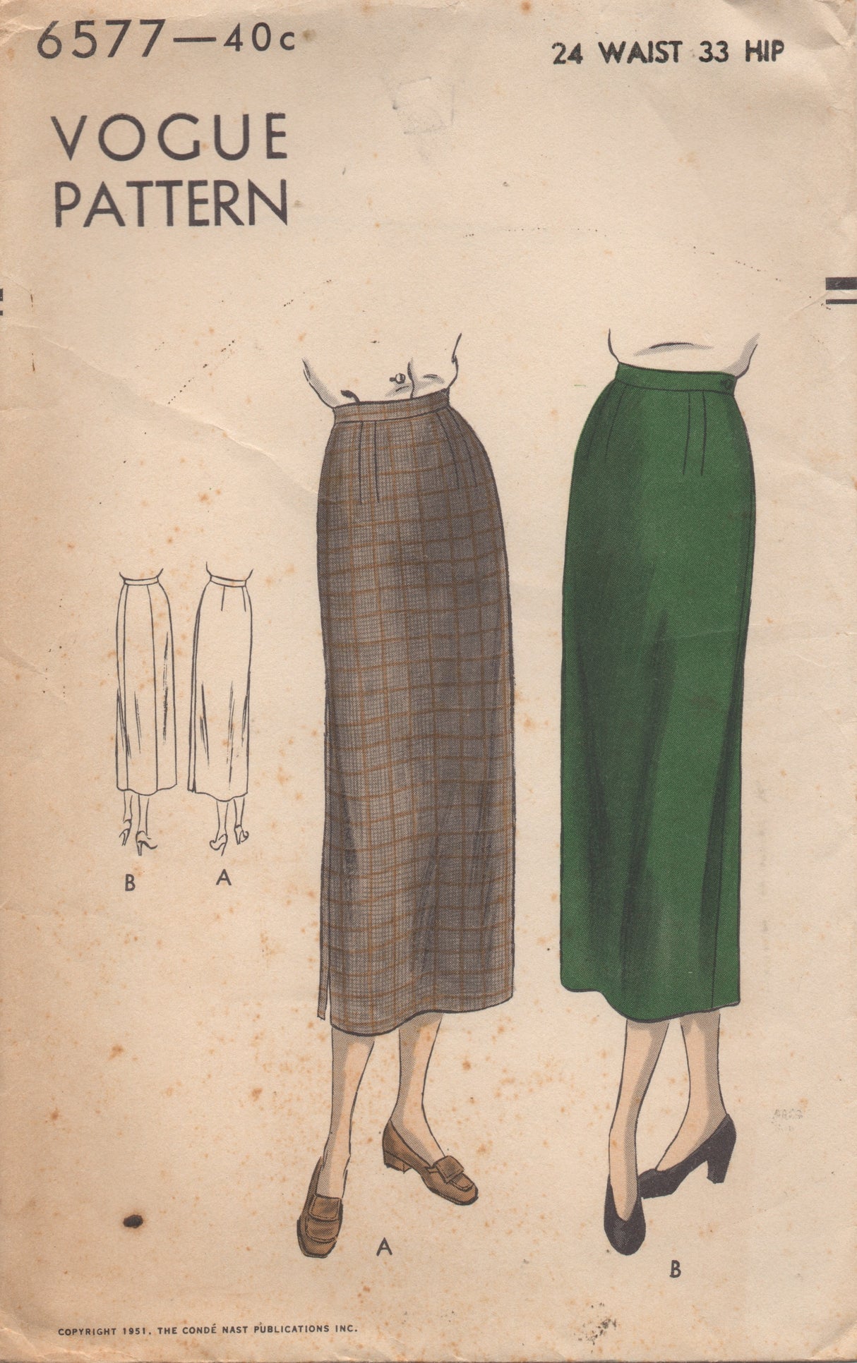 1950's Vogue Straight Skirt with Darts - Waist 24" - No. 6577