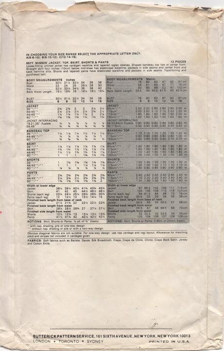 1980's Butterick Bandeau Tie Top, Jacket, Shorts and Straight Skirt pattern - Bust 30.5-31.5-32.5" - No. 6577