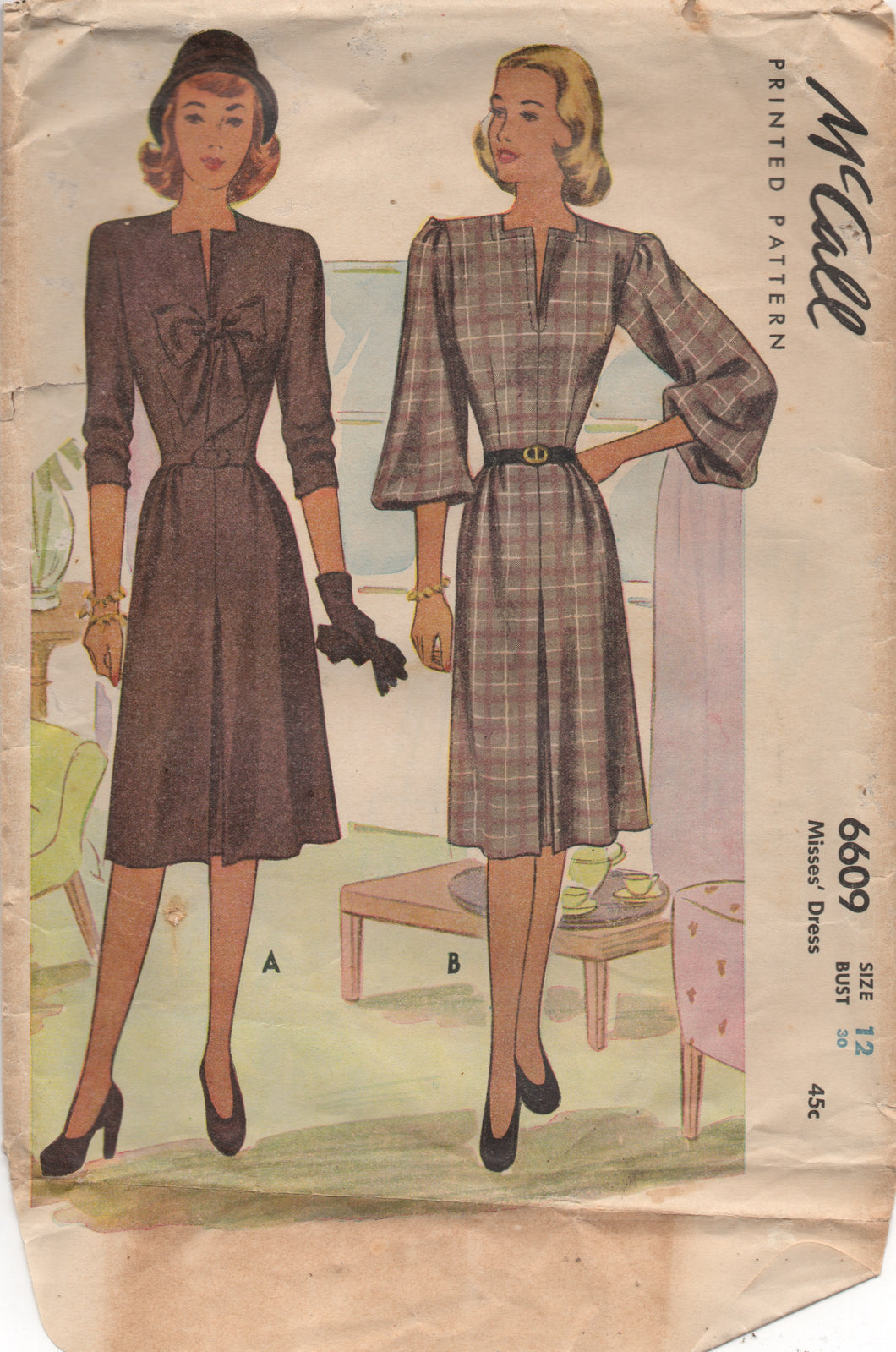 1940's McCall Day Dress Pattern Slit Neckline, Bow Accent and Full Sleeves - Bust 30
