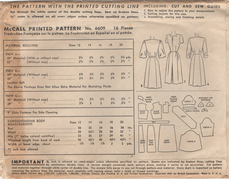 1940's McCall Day Dress Pattern Slit Neckline, Bow Accent and Full Sleeves - Bust 30" - no. 6609