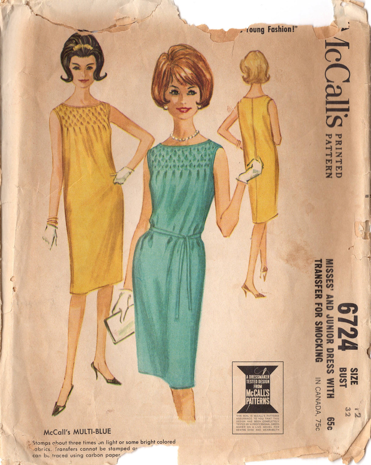 1960's McCall's Smocked Shift Dress - Bust 32" - No. 6724