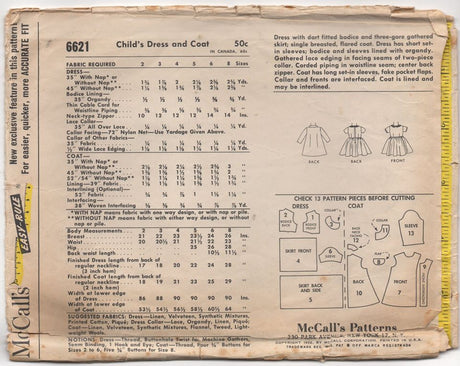 1960's McCall's Girl's One Piece Dress and Coat Pattern - Bust 22" - No. 6621