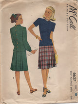 1940's McCall Two Piece Dress with Fold Down Collar and Pleated Skirt - Bust 28" - No. 6637