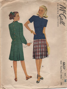 1940's McCall Two Piece Dress with Fold Down Collar and Pleated Skirt - Bust 28" - No. 6637