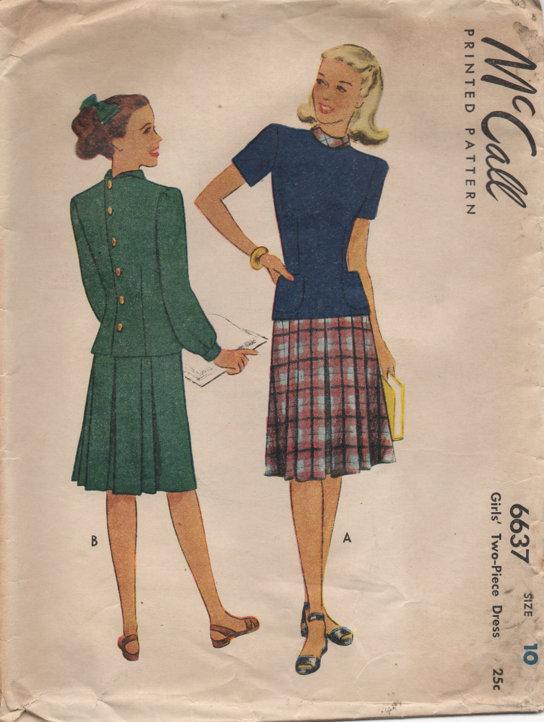 1940's McCall Two Piece Dress with Fold Down Collar and Pleated Skirt - Bust 28