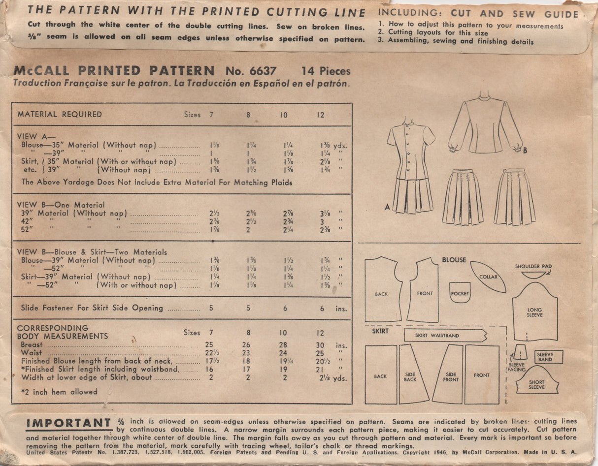 1940's McCall Two Piece Dress with Fold Down Collar and Pleated Skirt - Bust 28" - No. 6637