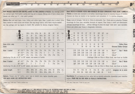 1980's Simplicity Unlined Jacket Pattern in Two Lengths - Bust 32.5-34-36" - No. 6644