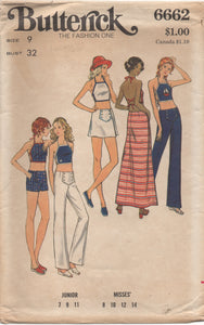 1970's Butterick Halter Crop Top, Maxi or Mini Skirt and Pants or Shorts Pattern - Bust 32" - No. 6662