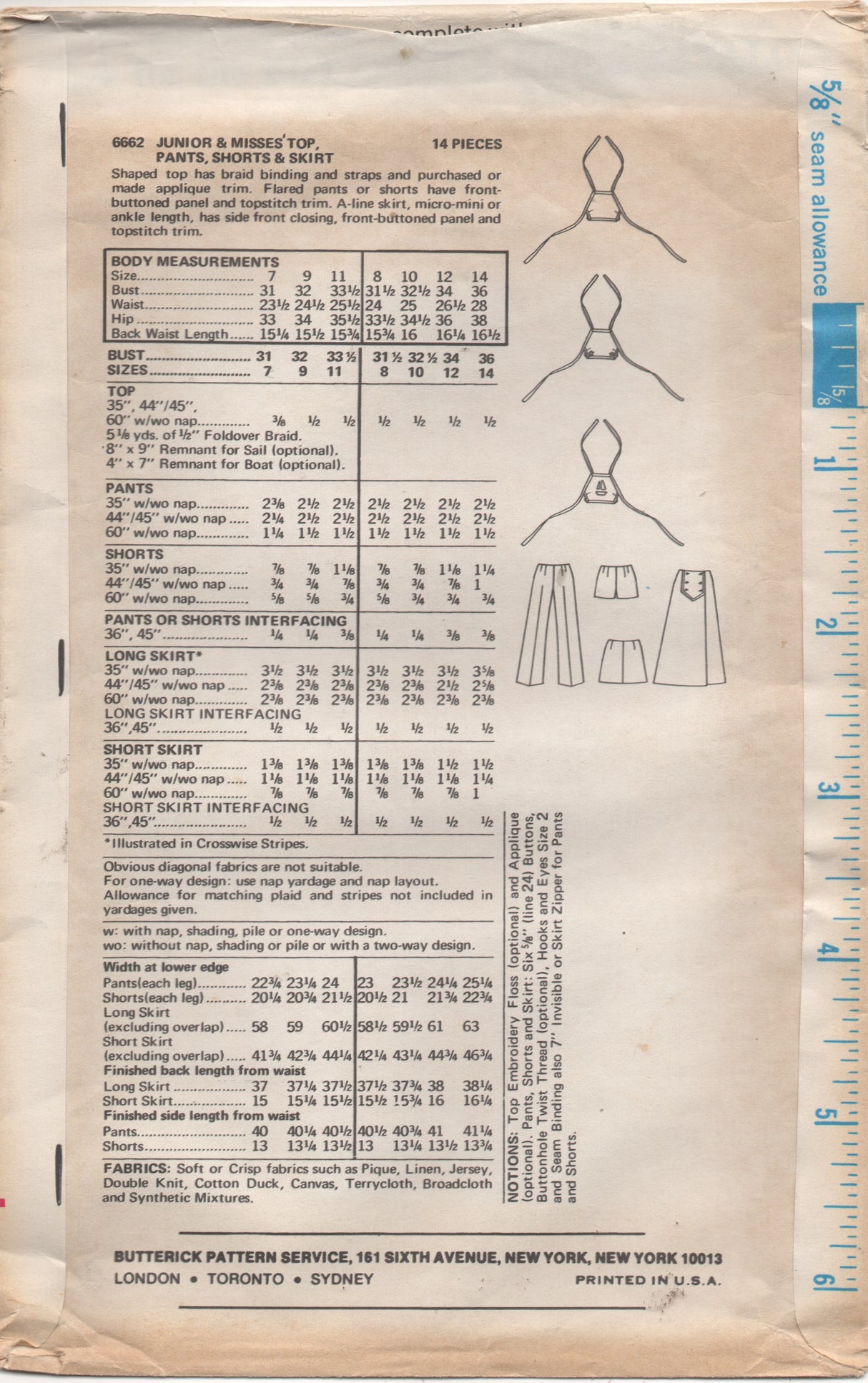 1970's Butterick Halter Crop Top, Maxi or Mini Skirt and Pants or Shorts Pattern - Bust 32" - No. 6662