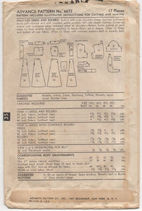 1950's Advance One Piece Dress with Scallop Trim and Scallop Bolero - Bust 34" - No. 6672
