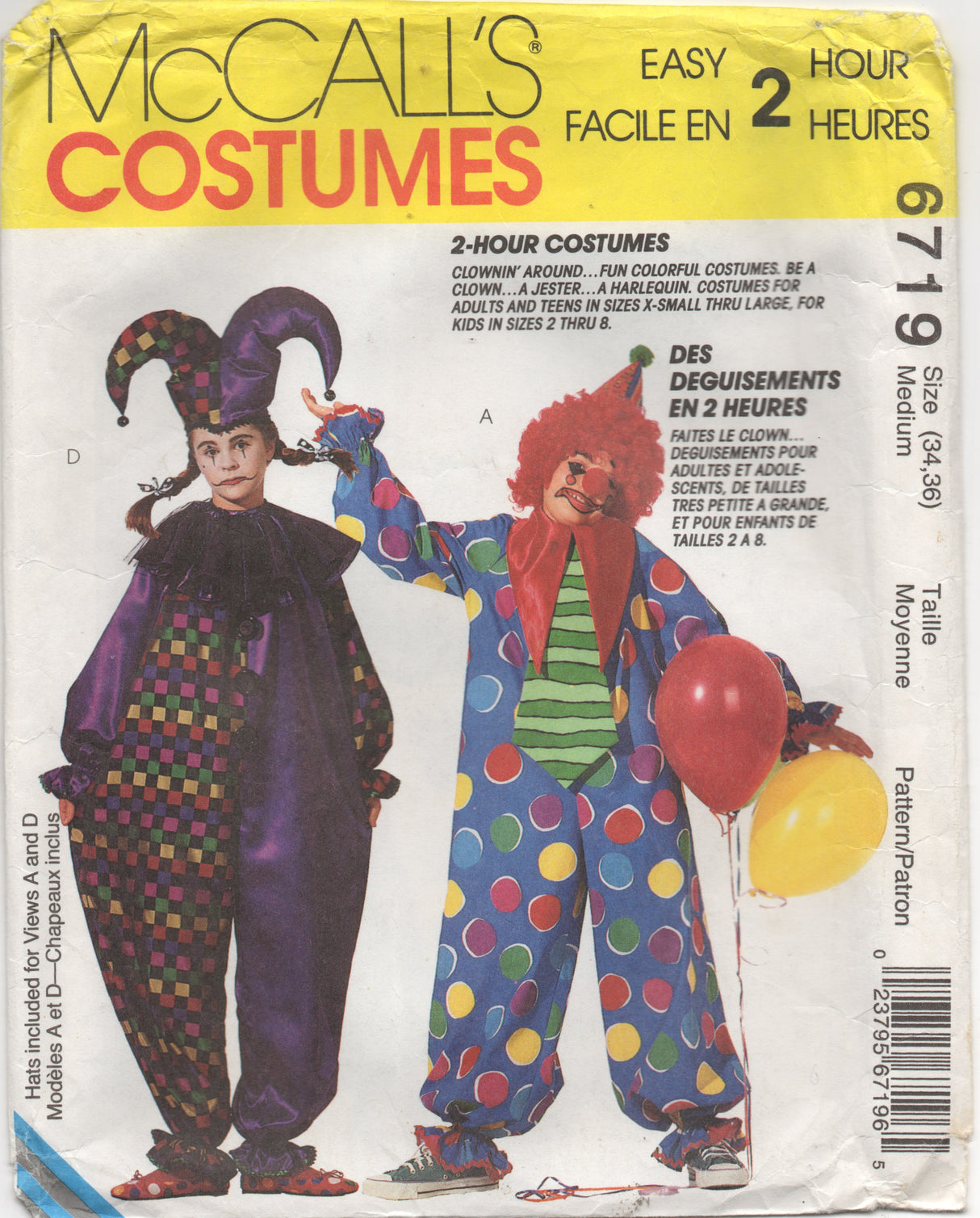 1990’s McCall's Adult or Teen Clown Costume, Collar and Hat pattern - Chest 34-35” - No. 6719