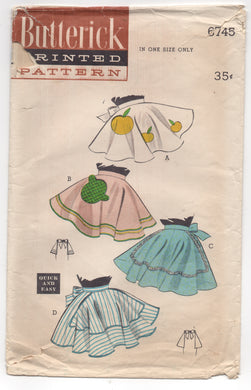 1950's Butterick Half Apron with Cactus or Apple Pocket - OS - No. 6745