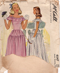 1940's McCall's Juniors Evening Dress with Dropped Shoulder and Ruffle accents Pattern  - Bust 29" - No. 6547
