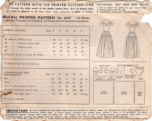 1940's McCall's Juniors Evening Dress with Dropped Shoulder and Ruffle accents Pattern  - Bust 29" - No. 6547