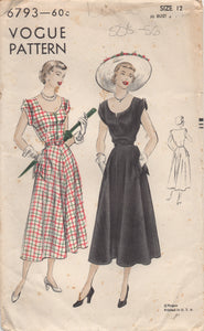 1940's Vogue One Piece Dress Pattern with Scoop and Notched Neckline, A-line Skirt and Pockets - Bust 30" - No. 6793