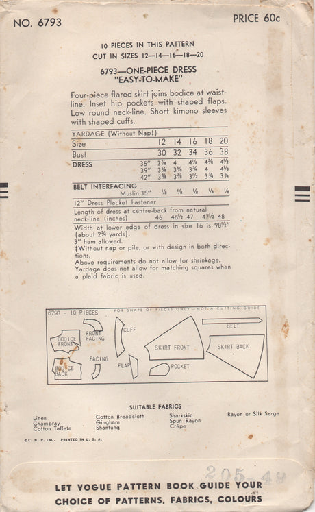 1940's Vogue One Piece Dress Pattern with Scoop and Notched Neckline, A-line Skirt and Pockets - Bust 30" - No. 6793