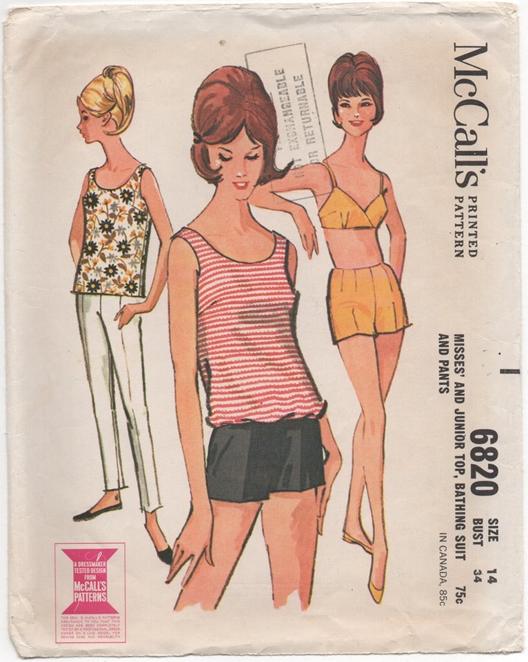 1960's McCall's Two Piece Swim suit, Top, Shorts and Pants Pattern - Bust 34