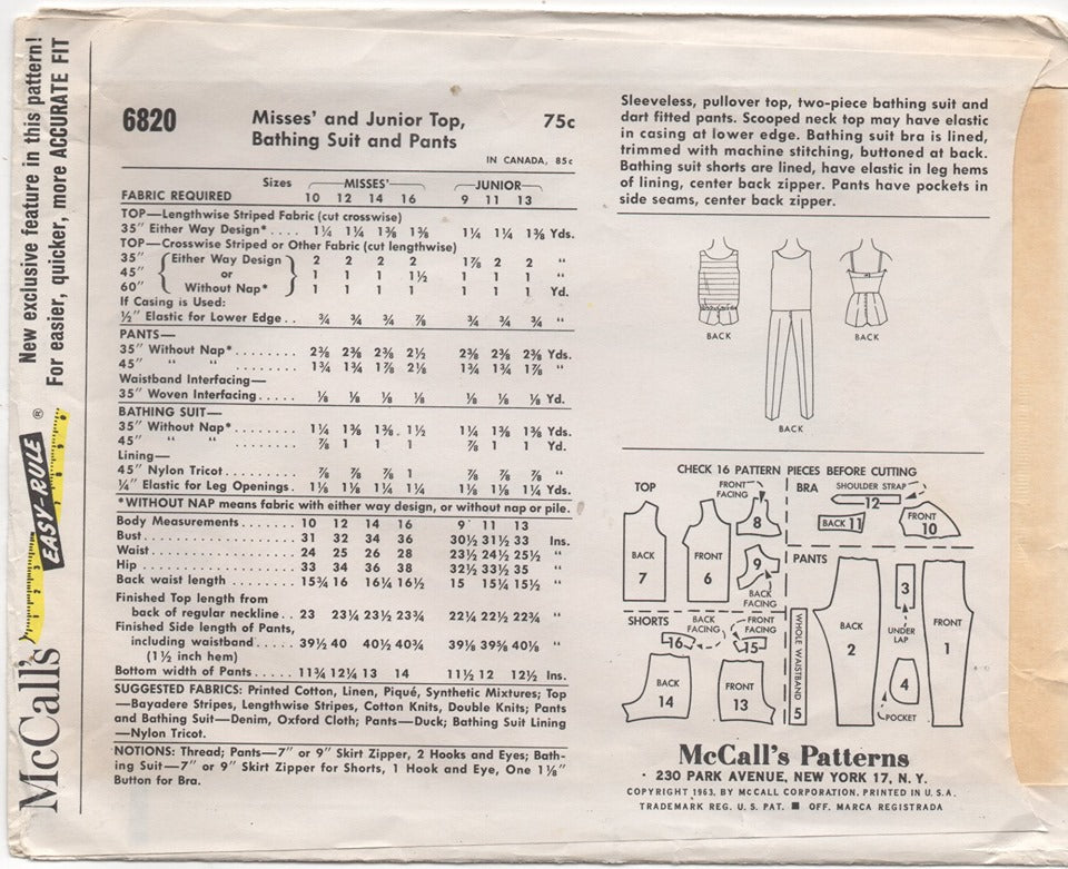 1960's McCall's Two Piece Swim suit, Top, Shorts and Pants Pattern - Bust 34" - No. 6820