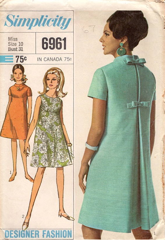 1960's Simplicity A-Line Dress pattern with Pleated Back and Back Bows - Bust 31