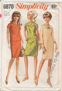 1960's Simplicity One or Two Piece Dress and Belt - Bust 34" - No. 6870