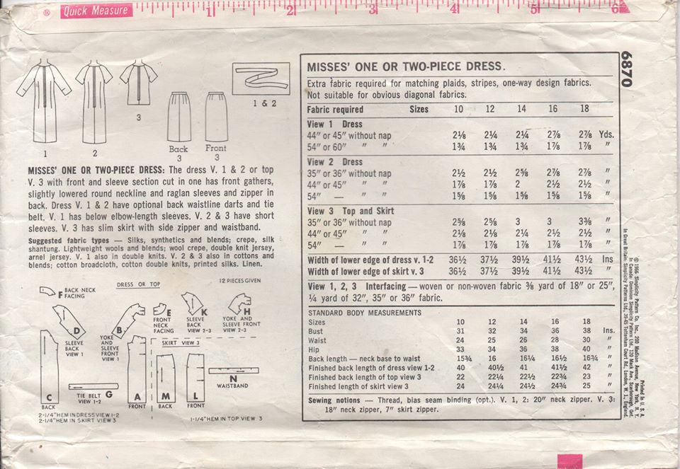 1960's Simplicity One or Two Piece Dress and Belt - Bust 34" - No. 6870