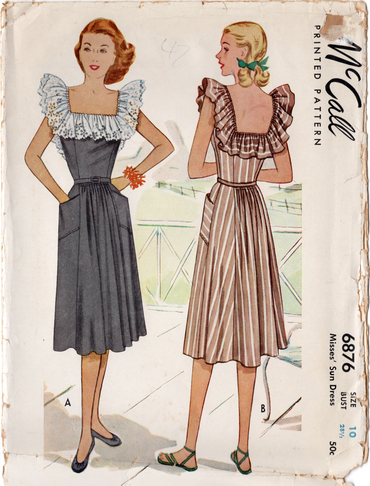 1940's McCall Sun Dress with Deep Square Neckline and Large Ruffle - Bust 28.5" - No. 6876