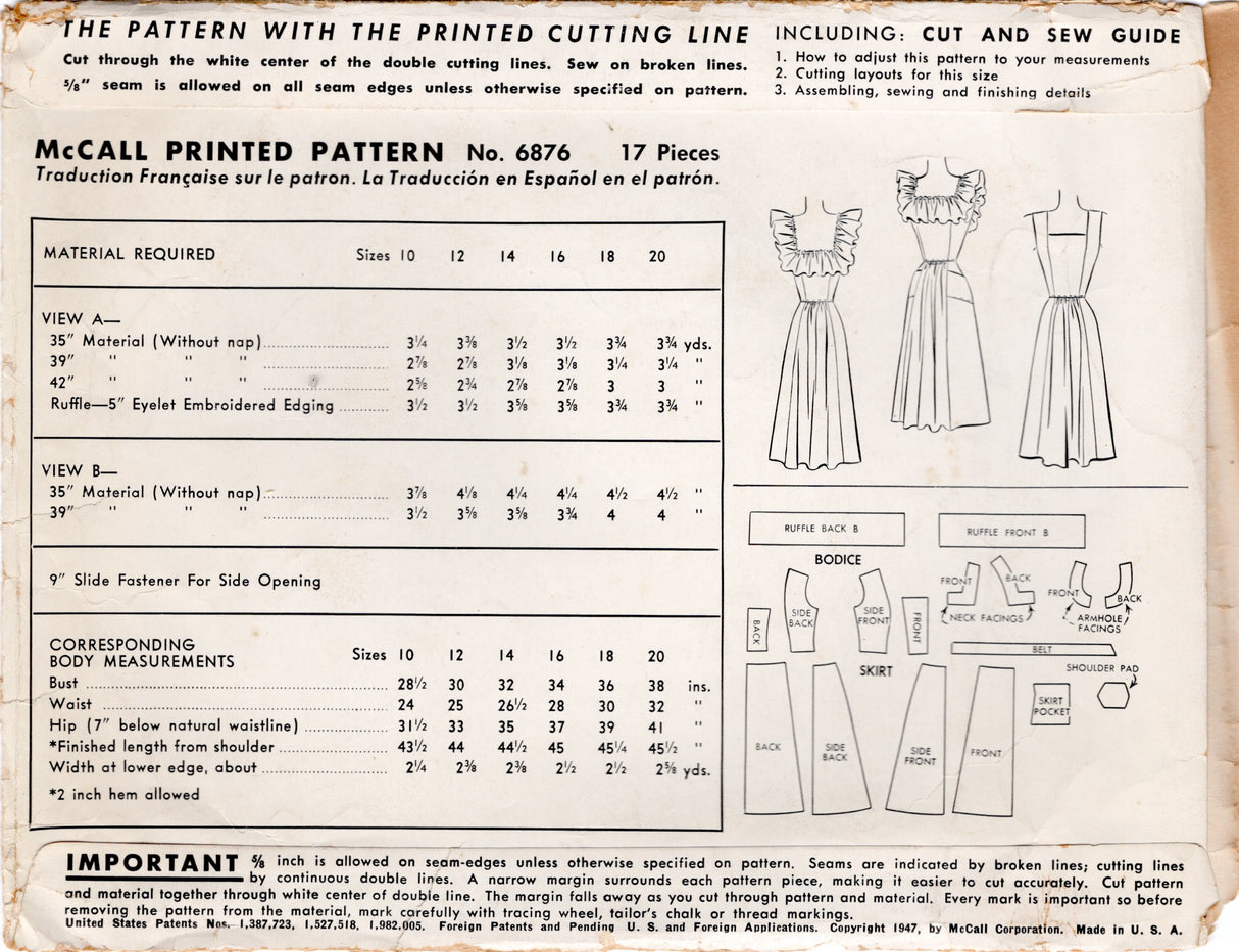 1940's McCall Sun Dress with Deep Square Neckline and Large Ruffle - Bust 28.5" - No. 6876