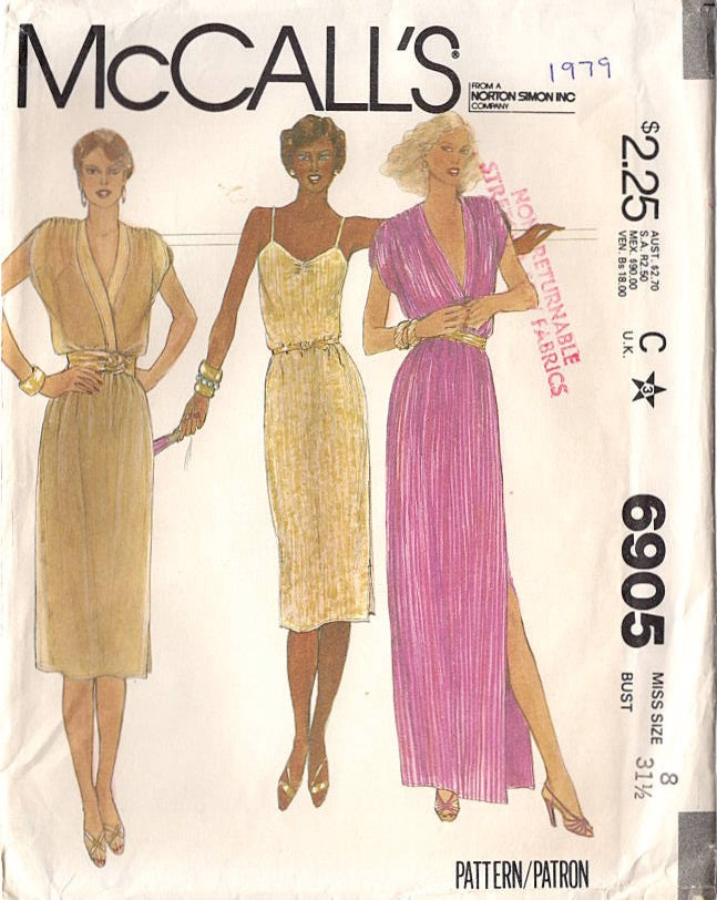 1970's McCall's Strappy Dress and Pullover Dress Pattern with lapped Bodice and Deep V - Bust 31.5" - No. 6905