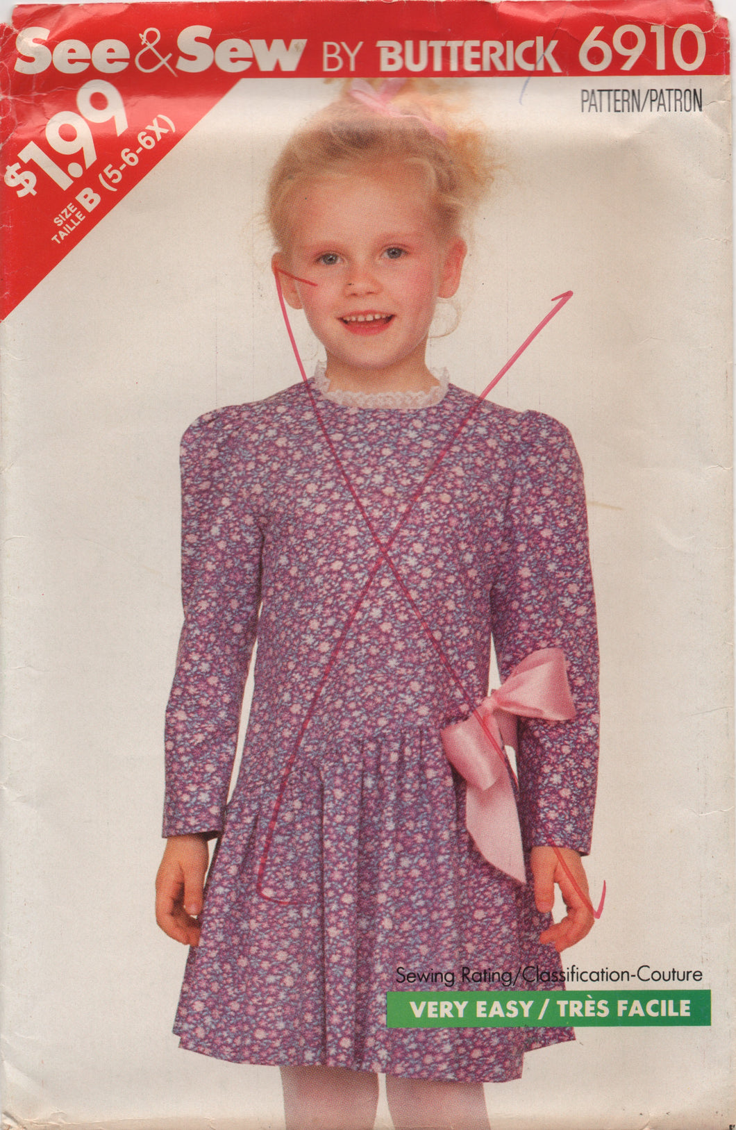 1980's See & Sew Butterick Child's One Piece Dress with angled skirt - Size 5-6-6x - No. 6910