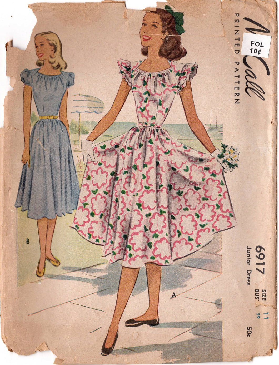 1940's McCall's Juniors Dress Pattern with Gathered Neckline and Ruffle accents  - Bust 29