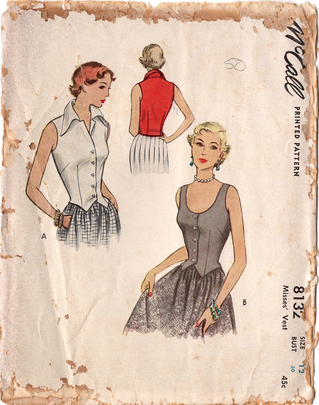 1950’s McCall Blouse or Vest Pattern- Bust 30” - No. 8132