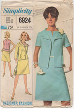 1960's Simplicity Three Piece Suit with notched Blouse and A line Skirt - Bust 31" - No. 6924