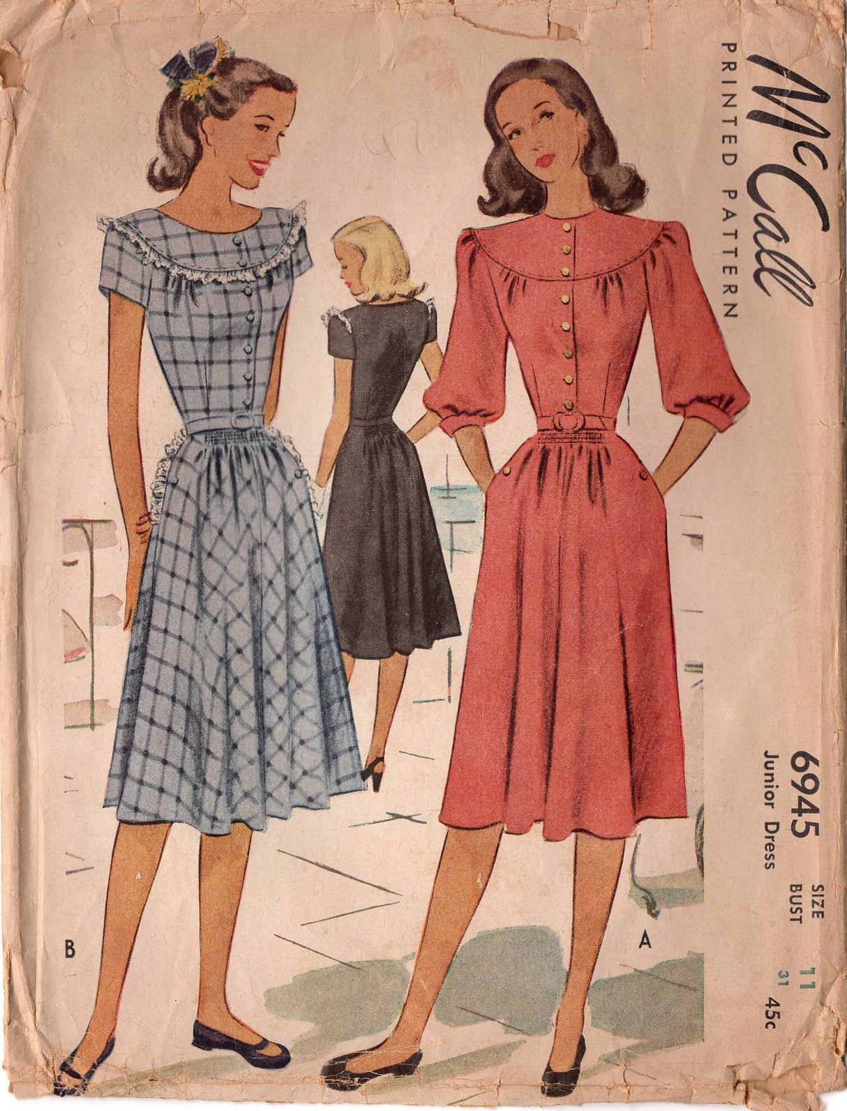 1940's McCall's Juniors Large Yoke Shirtwaist Dress Pattern with Short or Full Sleeves  - Bust 31" - No. 6945