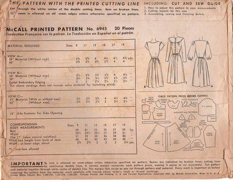 1940's McCall's Juniors Large Yoke Shirtwaist Dress Pattern with Short or Full Sleeves  - Bust 31" - No. 6945