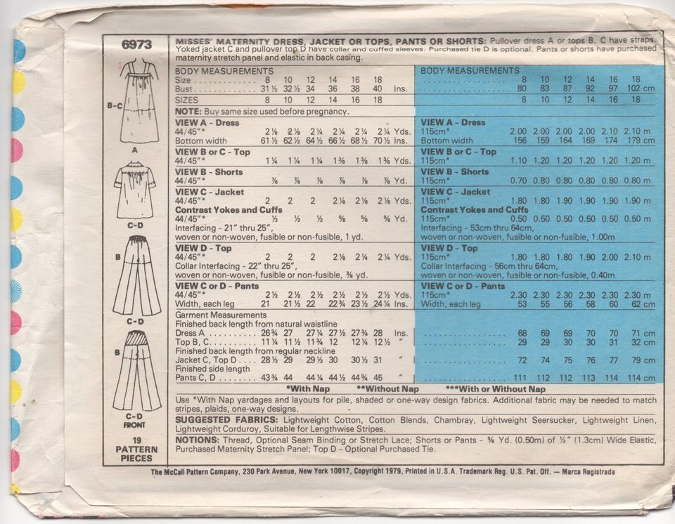 1970's McCall's MATERNITY Blouse, Dress, Jacket or Top, Pants or Shorts - Bust 34" -No. 6973