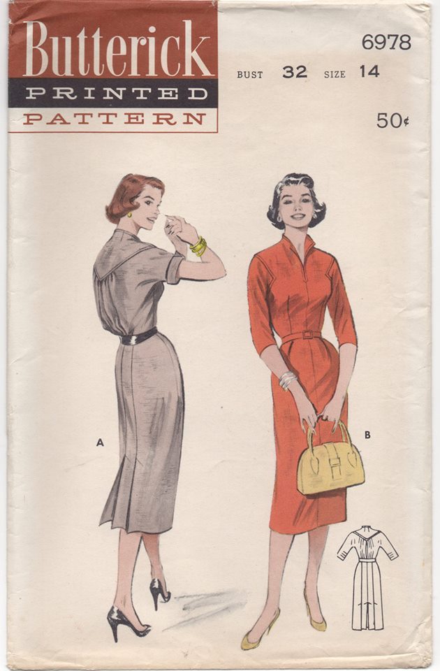 1950's Butterick One Piece Dress with 5 Gore Skirt and High Collar - Bust 32" - No. 6978