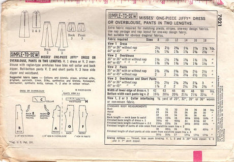 1960's Simplicity Tunic Dress with Rolled Collar and Bell Bottom Pants Pattern - Bust 34" - No. 7021