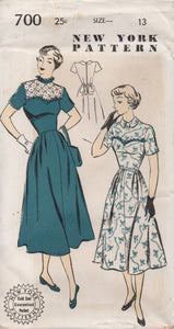 1950's New York One Piece Dress with Contrast Yoke, Side Pleating and Back Peplum - Bust 31" - No. 700