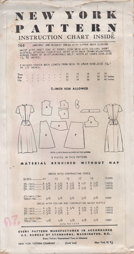 1950's New York One Piece Dress with Contrast Yoke, Side Pleating and Back Peplum - Bust 31" - No. 700