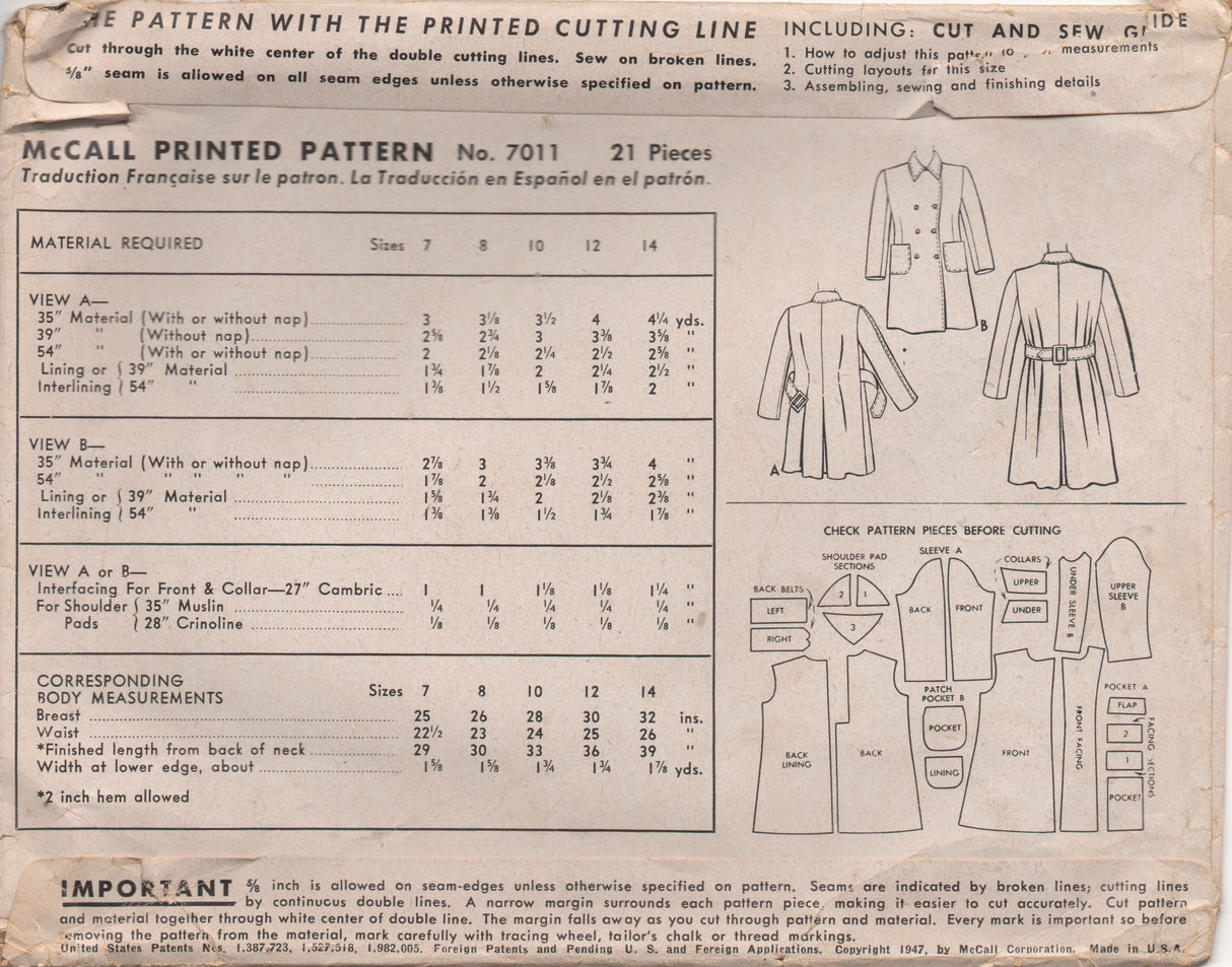 1940's McCall Child's Double Breasted Coat with Inset or Patch Pockets - Chest 25" - No. 7011