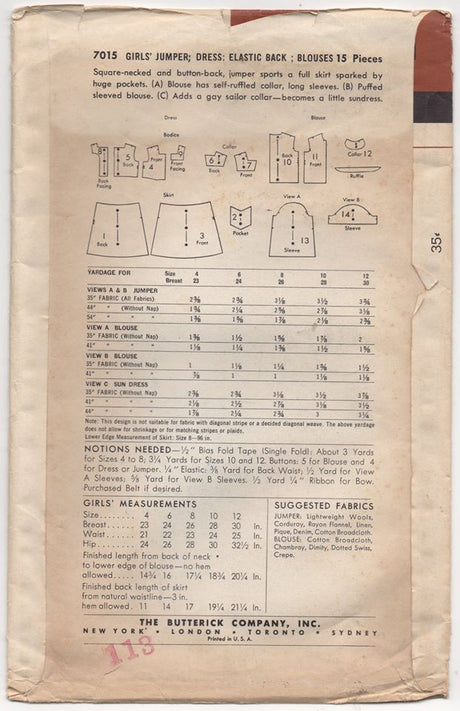 1950's Butterick Child's One Piece Dress and Blouse - Chest 26" - No. 7015