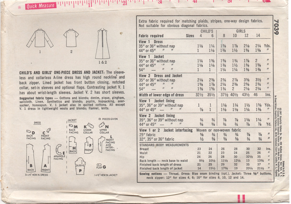 1960's Simplicity One Piece A-line Dress and Jacket - Chest 28" - No. 7039