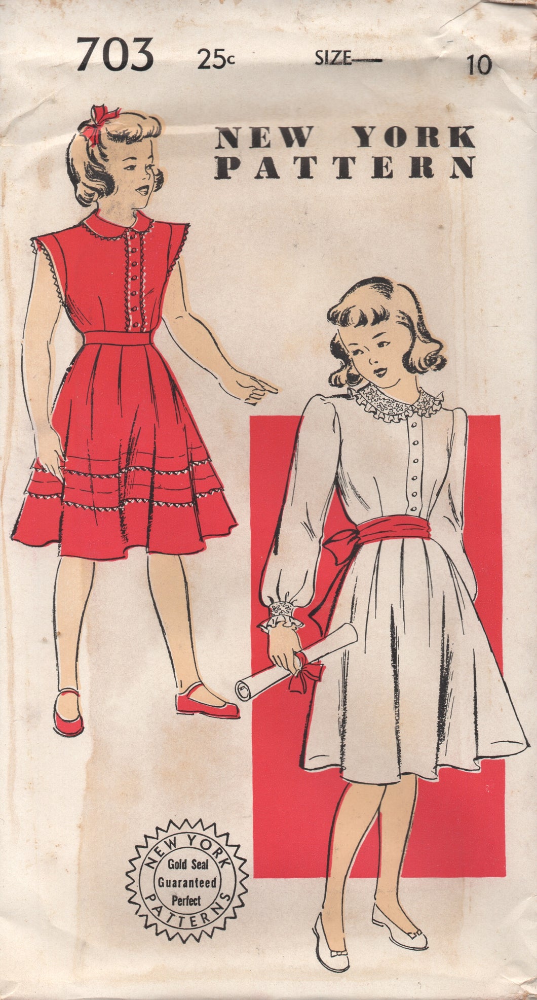 1950's New York Girl's One Piece Dress with Peter Pan Collar & Two Sleeve Lengths - Chest 28
